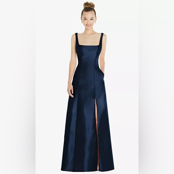 Alfred Sung Square Neck Satin A-Line Gown Dress, Midnight Navy, Size 16, NWT - Picture 6 of 15